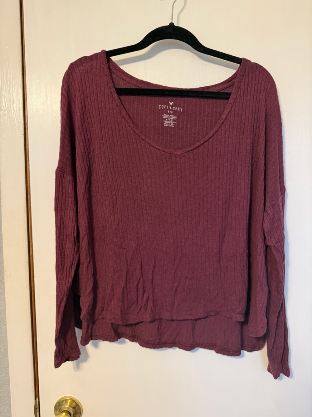 American Eagle Outfitters Ribbed Long-Sleeve Top — Wine